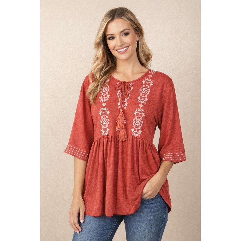 NWT Grace & Lace Autumn Days Embroidered Linen Cotton Tassel Tie Neck Blouse Top